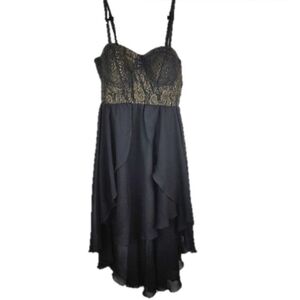 Material Girl High-Low Semi Formal Sleeveless Dress Black Gold Lace Chiffon L